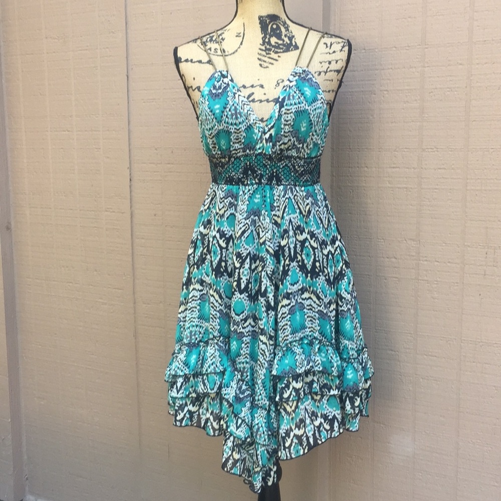 Sz S Arden B Green Black Asymmetrical Dress EUC